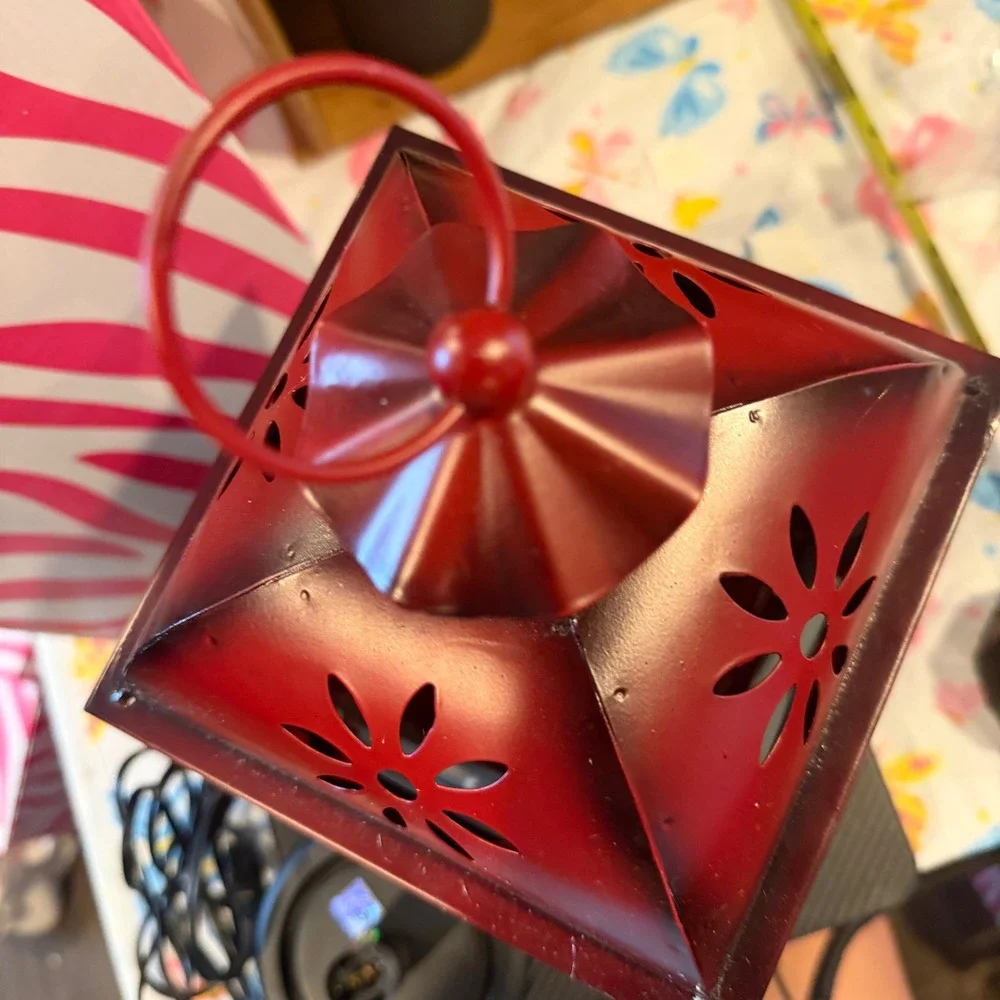 Pink Zebra Rustic Red Metal Electric Lantern Heart Cutout Frosted Glass